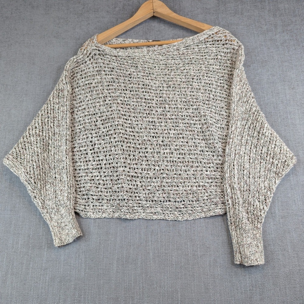 Free People Sweater Womens XS Ivory Marled Open Knit Cropped Off Shoulder
